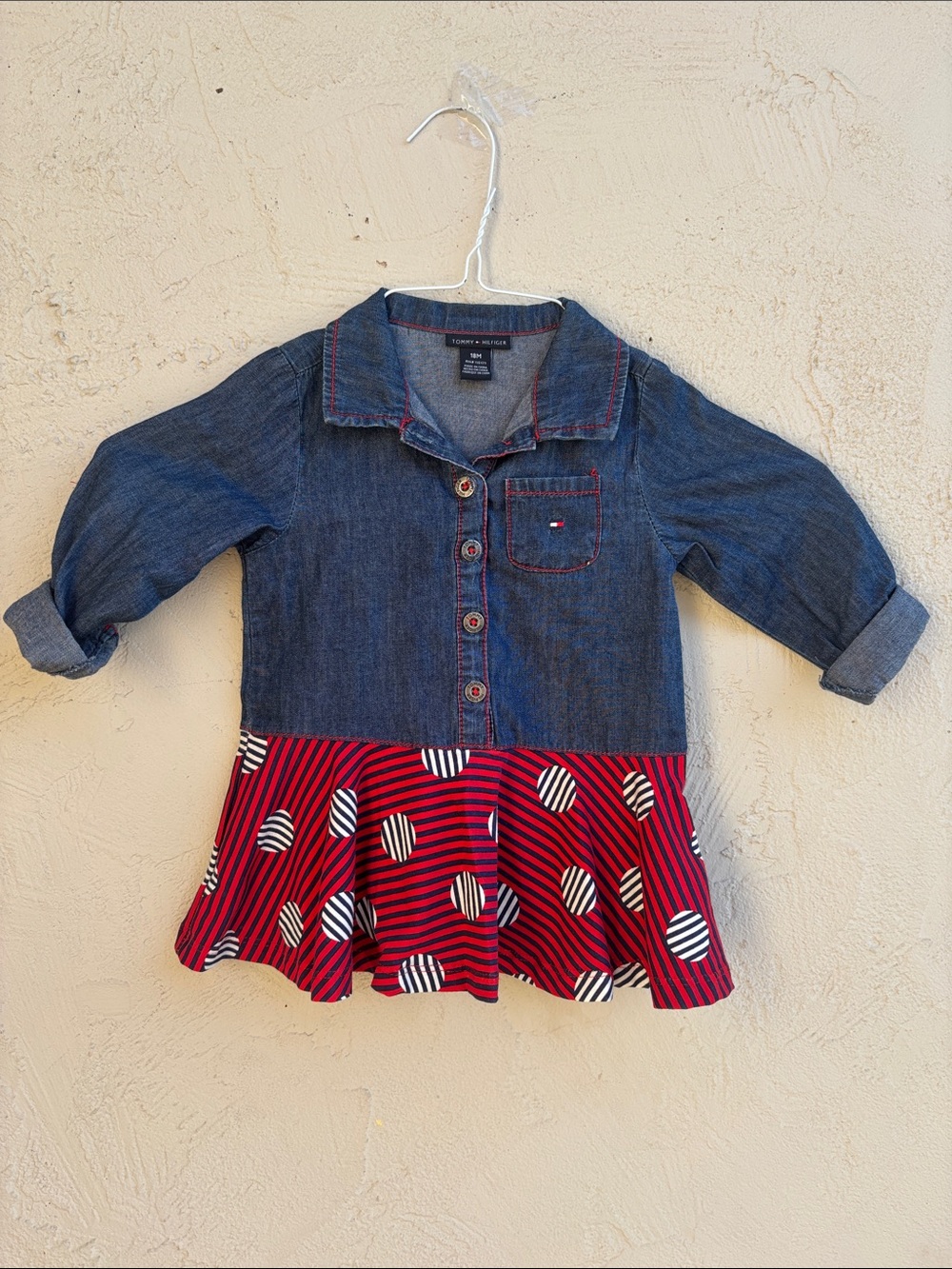 Tommy Hilfiger Baby Blue Denim & Red Patterned Hem Shirt Dress